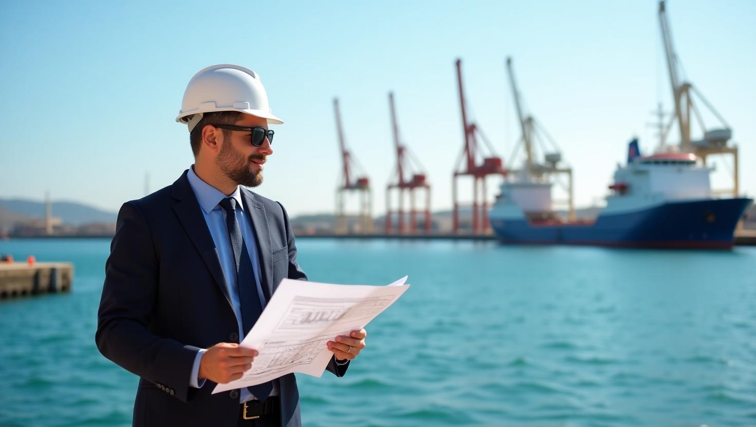 Ingeniero naval en astillero con planos de proyectos 2